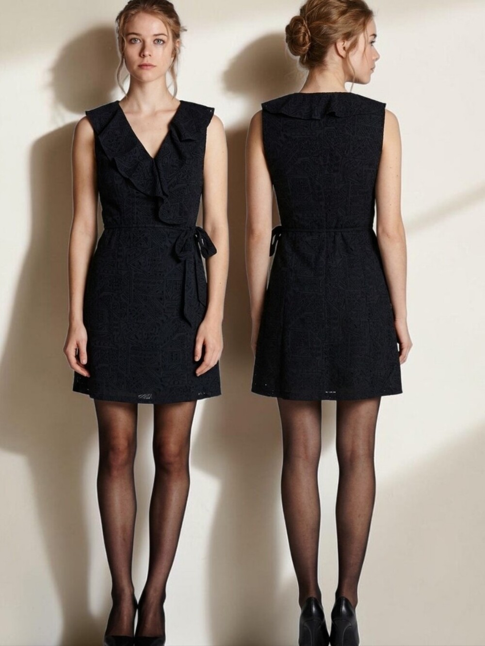 ECOLE DE PARIS Velvet Flocked Ruffle Wrap Dress - Size S